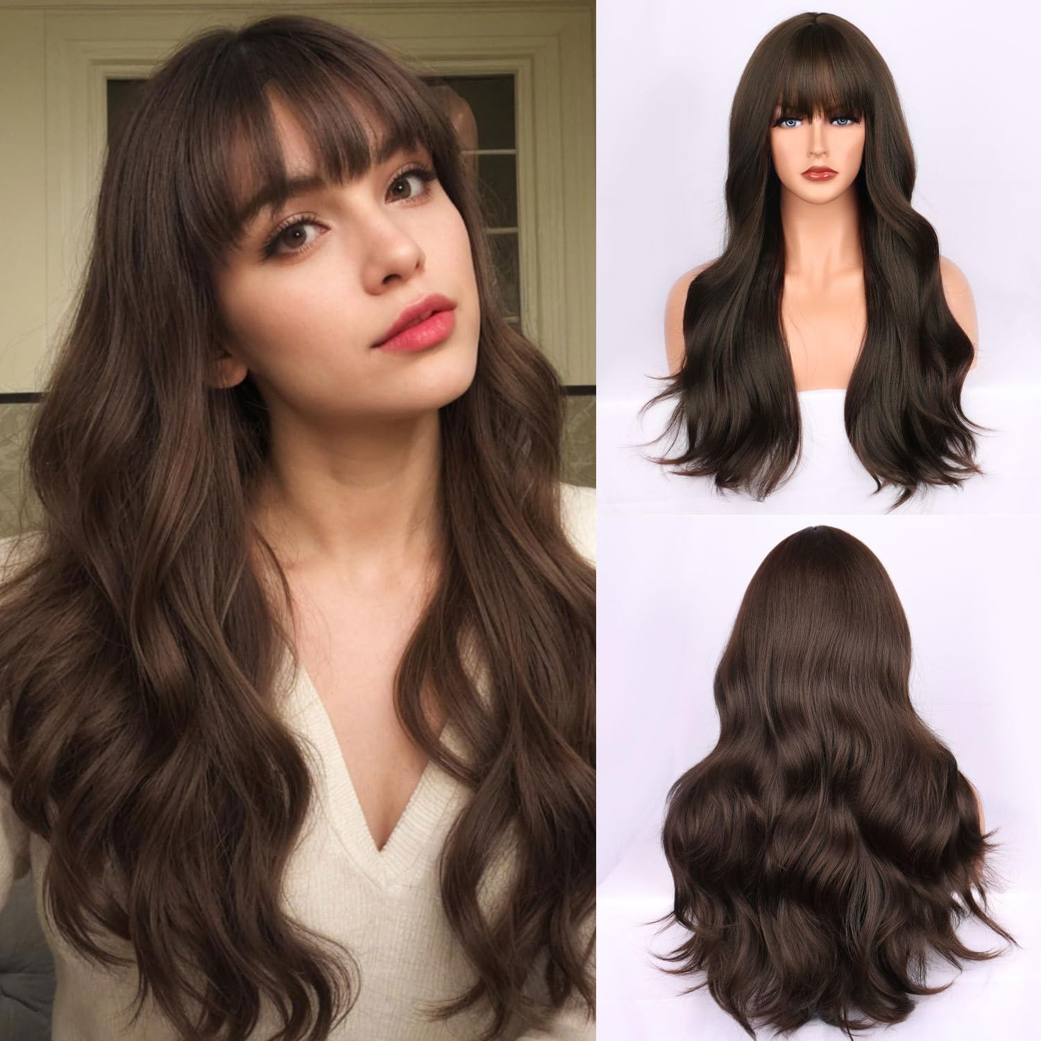 Amazon.com : Nuxovin Brown Long Wavy Wigs Real Human Hair with